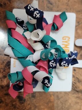 Gymboree Nautical Anchor Curly Ribbon Hair Clips - Pink, Teal, White & Navy Nwt